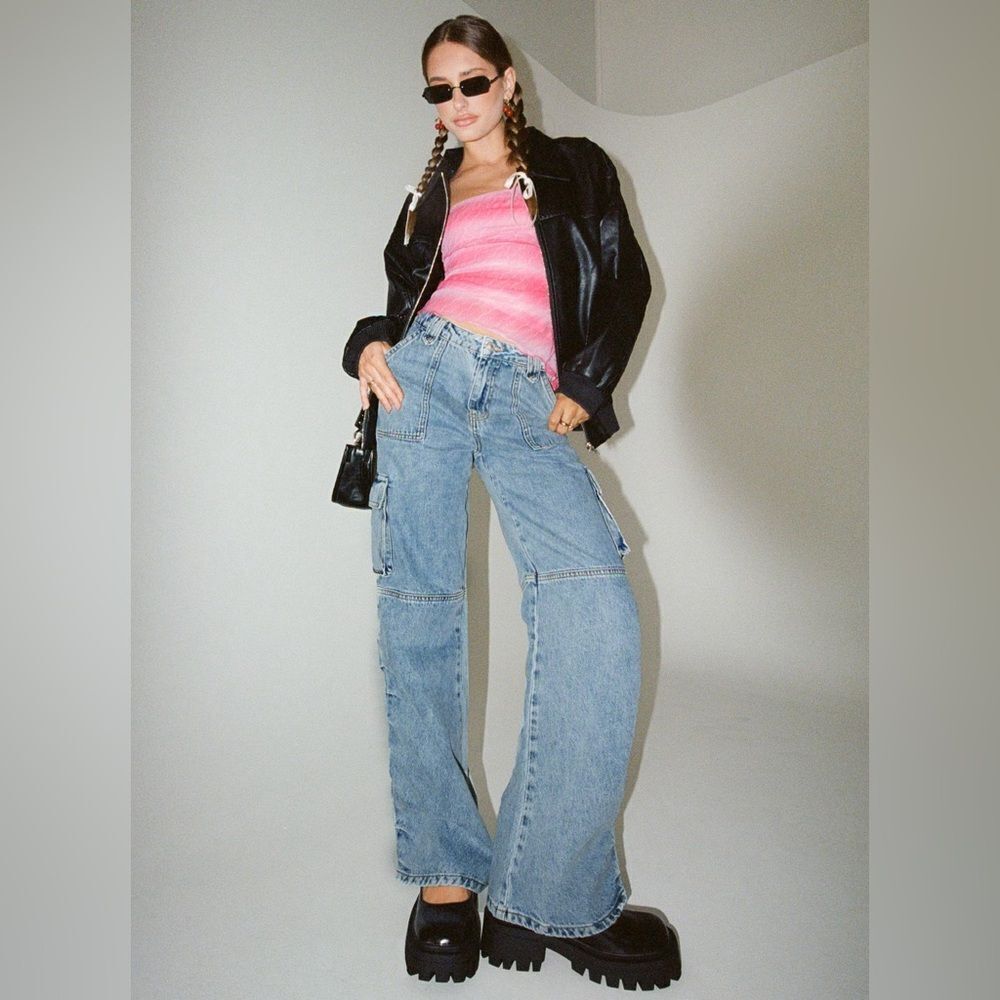 Princess Polly Vandana Cargo Jeans Mid Wash Denim